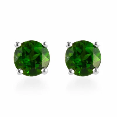Aretes redondos de diopsido cromado en platino sobre plata de ley 1,05 quilates Foto 1 de 4