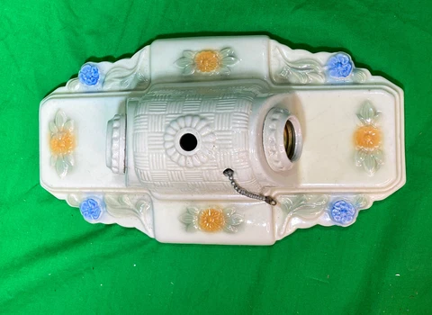 Antique Art Deco Flush Mount Double Light Fixture Porcelain Hand Painted 11in Cover