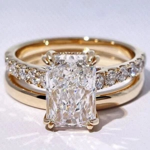 4TCW Radiant Cut Moissanite Bridal Set Engagement Ring In Solid 14K Yellow Gold - Picture 1 of 5