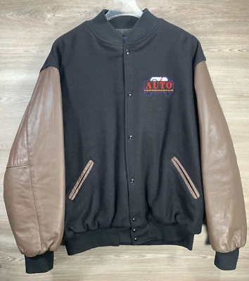 Holloway Men's 3XL Leather & Wool Varsity Jacket Black Brown "Auto Internist" - Image 1 of 4