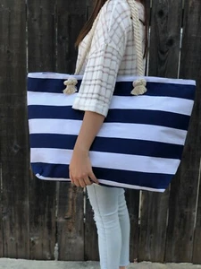 Extra Large Canvas Tote Bag-Beach Bag-Travel Picnic Gym Navi and White Stripes - Picture 1 of 9