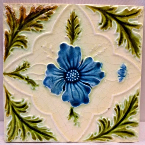 Antique English Tile Majolica Flower Motif Design Ceramic Architecture Rare "147 Cover