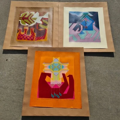 3 serigrafías coloridas abstractas modernistas de Marcel 1974 modernas de mediados de siglo Foto 1 de 4