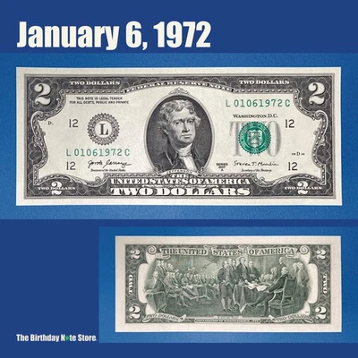 January 6, 1972 Birthday Anniversary $2 Two Dollar Bill Serial Number 01061972 - Image 1 of 2
