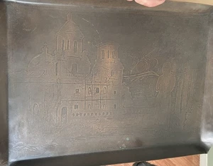 c.1910 Tucson, Arizona MISSION SAN XAVIER & Navajo Woman Acid-Etched Copper TRAY - Picture 1 of 15