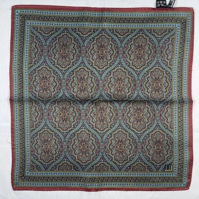 Lenço Dunhill Vintage Seda Paisley 100% Feito na Itália Ouro Azul Borgonha - Imagem 1 de 4