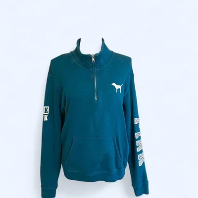 Victoria's Secret PINK half zip sweatshirt in blue with white accents Size Small - Image 1 of 4