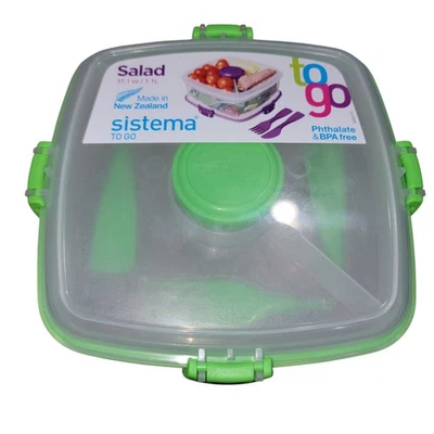 Sistema Ensalada TO GO Fiambrera con Contenedor de Aderezo y Tenedor, Cuchillo Verde Nuevo Foto 1 de 4