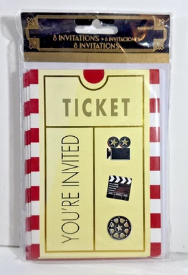 Movie Themed Party Invitations & Envelopes You're Invited Ticket Set of 8 New - Image 1 of 2