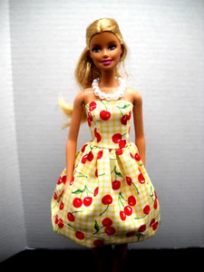 Cherry and Yellow Checked Dress and Necklace Fits Barbie Doll Handmade * - Picture 1 of 4