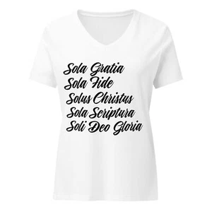 Five Solas Reformed Baptist T-Shirt - Woman's V-Neck Christian Tee - White Text - Picture 1 of 6