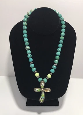 Alan K. 925 Sterling Silver Art Glass CROSS Pendant Turquoise Bead Necklace - Image 1 of 4