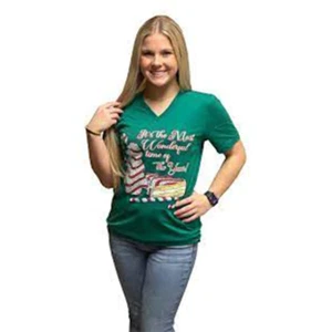SALE Sassy Frass Most Wonderful Time Holiday Canvas V-Neck T Shirt - Picture 1 of 1