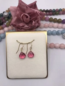 14K GF Pink Tourmaline Earrings Briolette Dangle 10mm SIMULATED - Picture 1 of 4