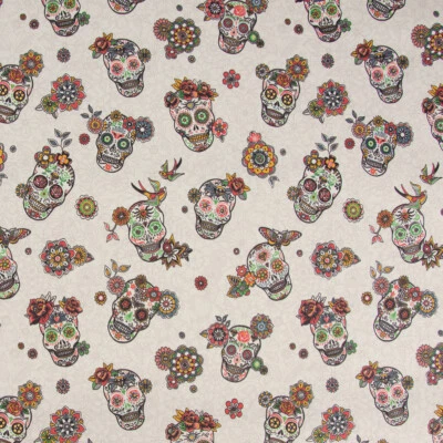 Kunstleder Lederimitat Totenköpfe geschmückt Blumen creme 1,4m Breite - Bild 1 von 4