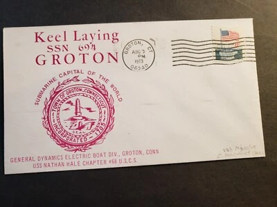 USS GROTON SSN-694 Naval Cover 1973 SUBMARINE Keel Laid Cachet w/ invitation - Image 1 of 2