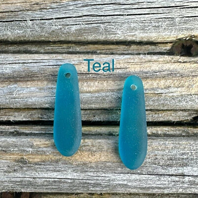 2 Pieces Cultured Sea Glass Baby Teardrop Beads Drilled - 22x6mm Teal - Image 1 of 4