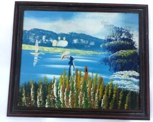 Vintage Old Picture Art Hand Painted Oil Painting girls Trees lake Land Escape - Picture 1 of 6