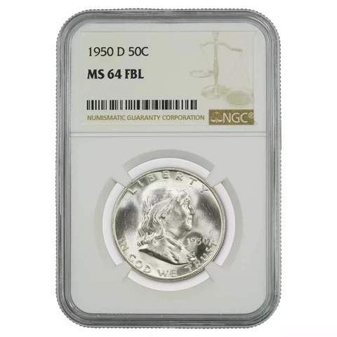 1950 D FRANKLIN HALF DOLLAR 50C NGC MS 64 FBL MINT UNC - FULL BELL LINES Cover