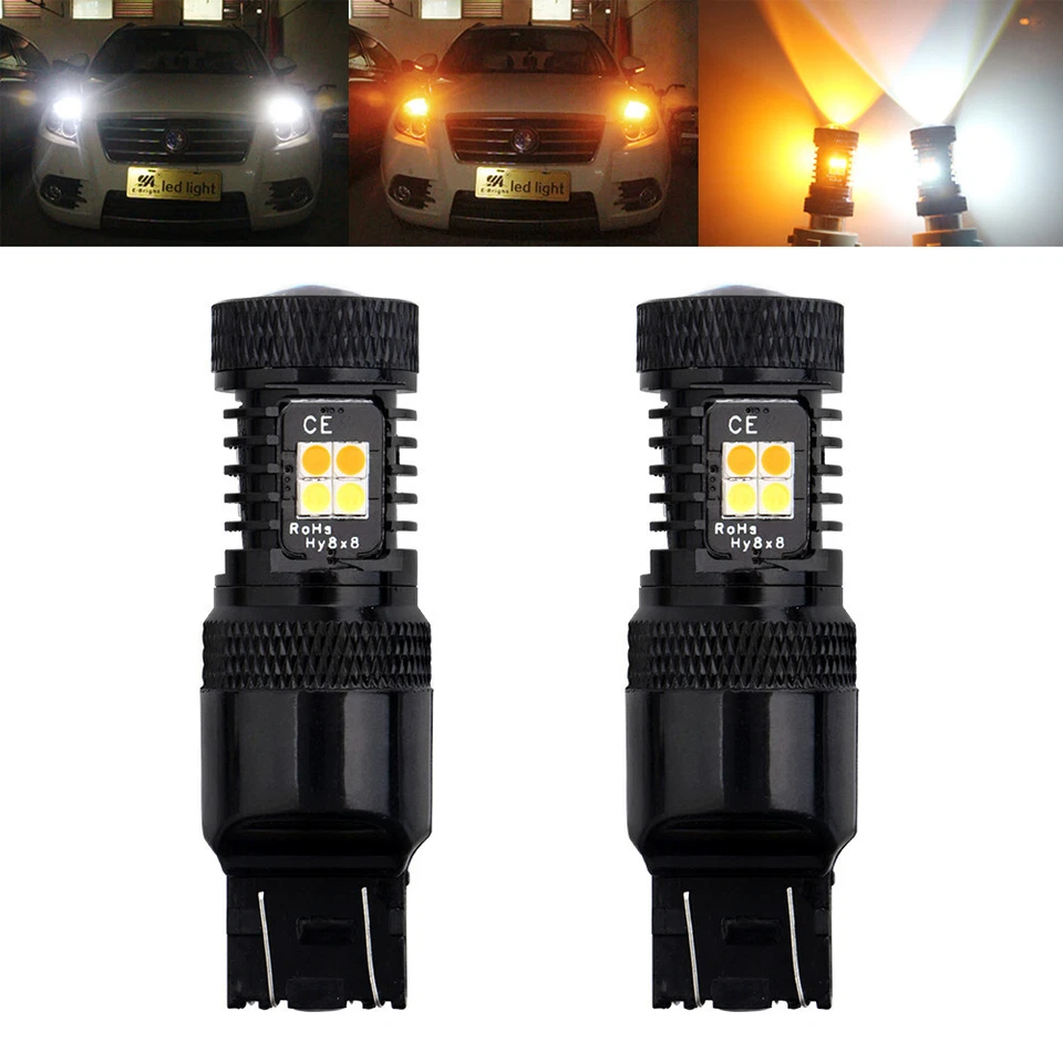 2Pcs White Amber Switchback 7443 7444NA 16SMD 3030 LED Turn Signal Light Bulbs - Image 1 of 4