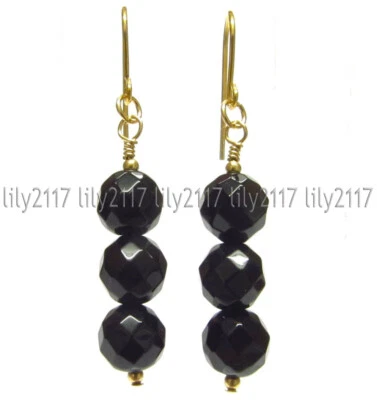 Граненый 8 мм натуральный черный оникс драгоценный камень круглый бисер золотой крюк подвеской серьги - Изображение 1 из 3