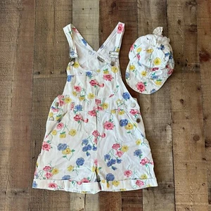 Vintage Overalls & Hat Set For Girls Floral Print White Pink Yellow Blue Size 12 - Picture 1 of 18
