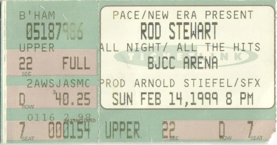 Vintage 1999 Rod Stewart Concert Ticket Stub Birmingham AL - Image 1 of 1