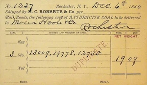 Tarjeta postal publicitaria HC Roberts & Co Rochester NY carbón antracita 1880 - Imagen 1 de 2