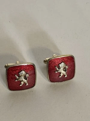 Red Rampant Lion Cufflinks Coat of Arms Vintage Enamel Rare 3D Effect .75” - Image 1 of 3