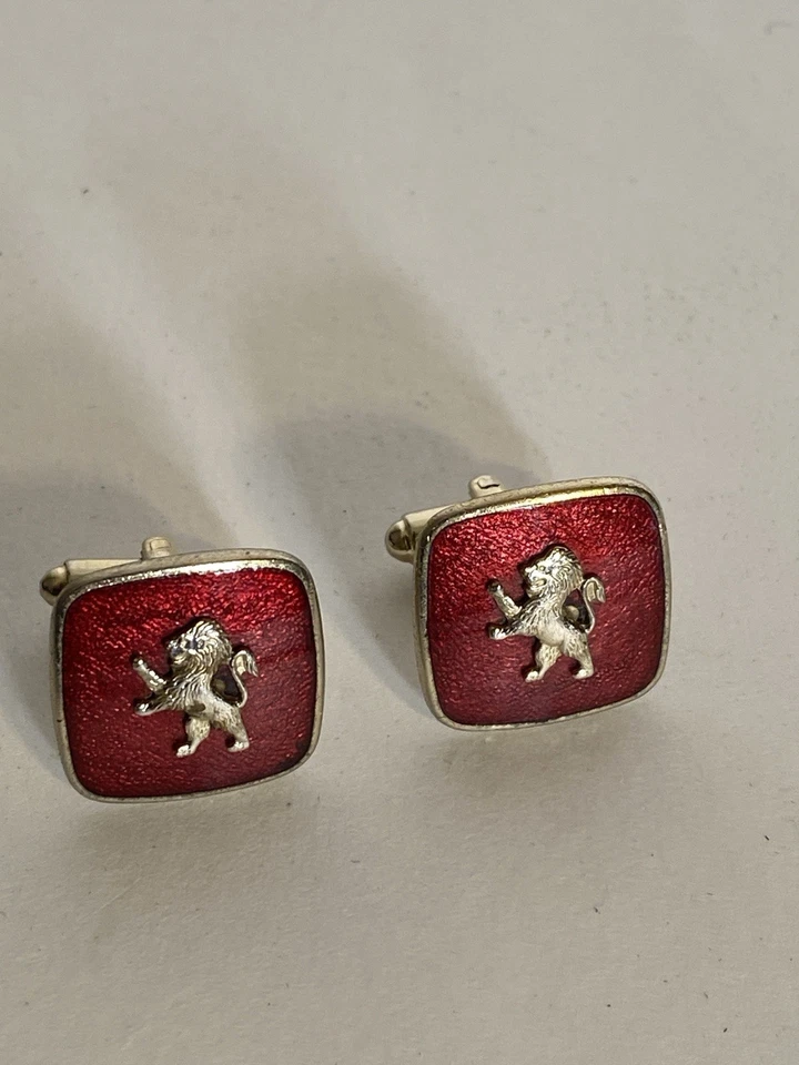 Red Rampant Lion Cufflinks Coat of Arms Vintage Enamel Rare 3D Effect .75” - Image 1 of 3