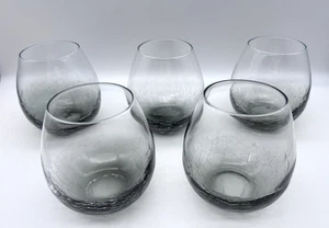 PIER 1 Smokey Gray Crackle Glass Stemless Wine Tumblers 16oz Barware Set of 5 - Picture 1 of 8