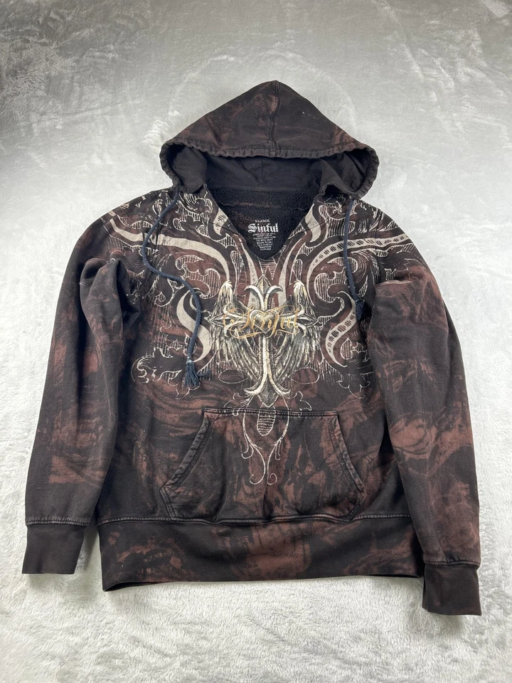 Sinful Hoodie Womens XL Y2K Brown Graphic Wings Cross Pullover USA Fitted - Image 1 of 4