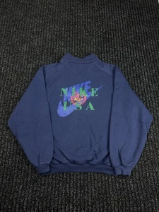 Vintage 90s NIKE USA JUST DO IT 1/4 zip Sweatshirt Streetwear Y2K Sz M Navy Blue - Picture 1 of 13