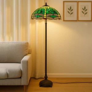 Luxury Green Tiffany Style Floor Lamp–Handcrafted Stained Glass Vintage Décor UK - Picture 1 of 15