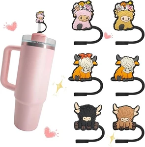 6-Pack Silicone Highland Cow Straw Cover for Stanley Cup Straw Topper Cute Tumbl - Picture 1 of 7