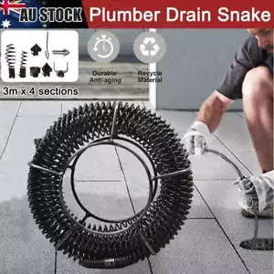 Plumber Drain Snake Pipe Cleaner Pipeline Sewer 12M (3M*4) w 6 Drill Bit Tool AU - Picture 1 of 12