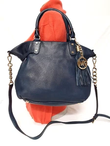 MICHAEL KORS MEGAN NAVY PEBBLED LEATHER TASSEL SATCHEL CROSSBODY HANDBAG - Picture 1 of 12