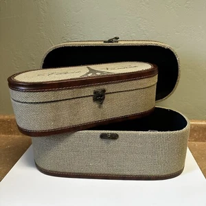 Set of 2 Paris France Burlap & Leather Oval Nesting Storage Boxes w/ Metal Clasp - Picture 1 of 15