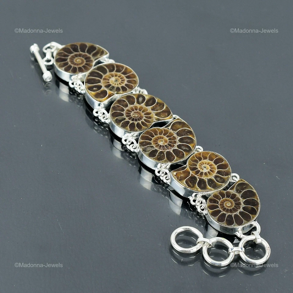 Venta de San Valentín 925 Plata Pera Natural Amonita Fósil Bisel Cadena Nuevo Pulsera Foto 1 de 4