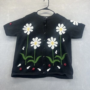 Quacker Factory Womens Daisies Ladybugs Flower Cardigan Sweater L Black VINTAGE - Picture 1 of 10