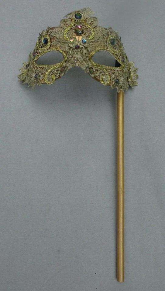 HAND HELD GOLD JEWELLED LACE BROCADE MASK VENETIAN MASQUERADE EYE BALL ON STICK - Image 1 of 4
