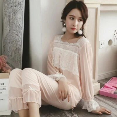 Women Long Sleeve Loungewear Lace Modal Pajama Set Nightwear Sleepwear White - Image 1 of 4