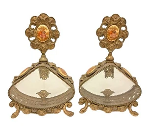 Set Vintage Ormolu "Cameo" Perfume Bottle Glass/Brass Filigree Ornate Victorian - Picture 1 of 10
