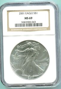 2001 American Silver Eagle ASE S$1 NGC MS69 Premium Quality Older Holder 