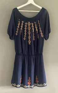 Vila Navy Blue Ivory Orange Chiffon Embroidered Beaded Folk Dress Size M - Picture 1 of 6