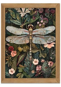 Framed Vintage 3D Textured Wall Art - Dark Green Dragonfly Flowers Wall Decor... - Picture 1 of 8