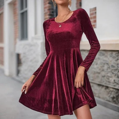 Damen Elegant Samt Abendkleid Ballkleid Langarm A-Linie Cocktailkleid Partykleid - Bild 1 von 4