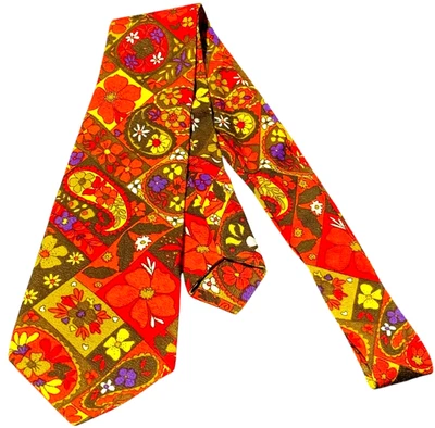Vintage Neck Tie Flower Power Paisley Thanksgiving Orange Statement Costume - Image 1 of 4