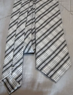 Skinny Plaid Tie Black White Gray Diagonal Check Dress Necktie Modern Slim Vtg - image 1 of 4