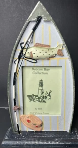 Boat Shaped Picture Frame Fishing Pole Hat Fish 5x7 Wood Cabin Beach Rustic - Picture 1 of 9